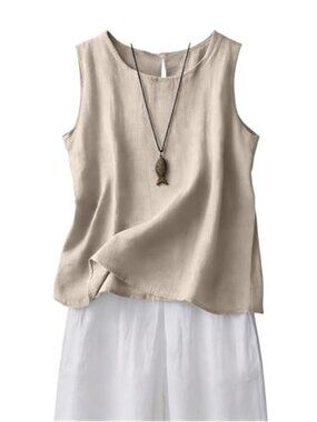 Summer Beige Soft Linen Blend Sleeveless tank Top